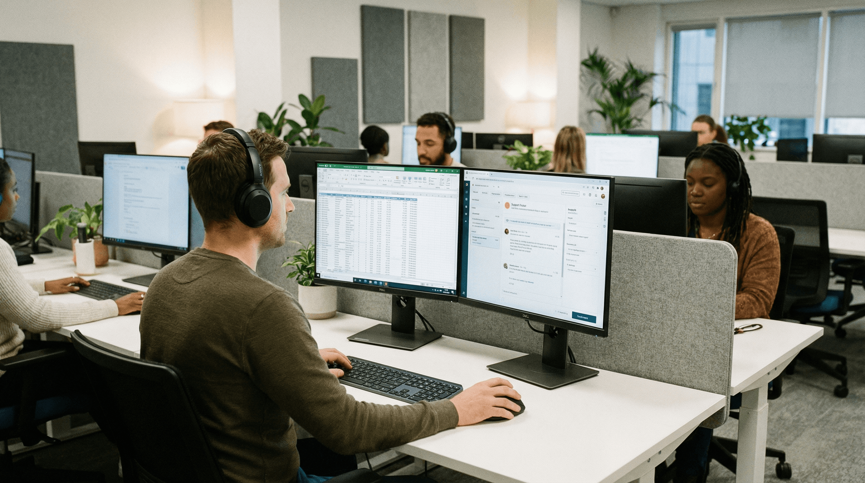 Office support workflow scene showing ergonomic vertical mouse use during spreadsheet and ticket-management tasks