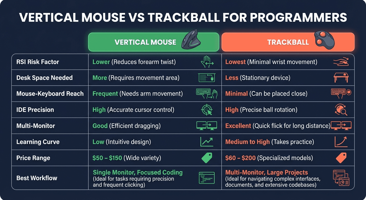 Infographic comparing vertical mouse versus trackball across 8 factors for programmers: RSI risk, desk space, IDE precision, multi-monitor, learning curve, price range, and best workflow