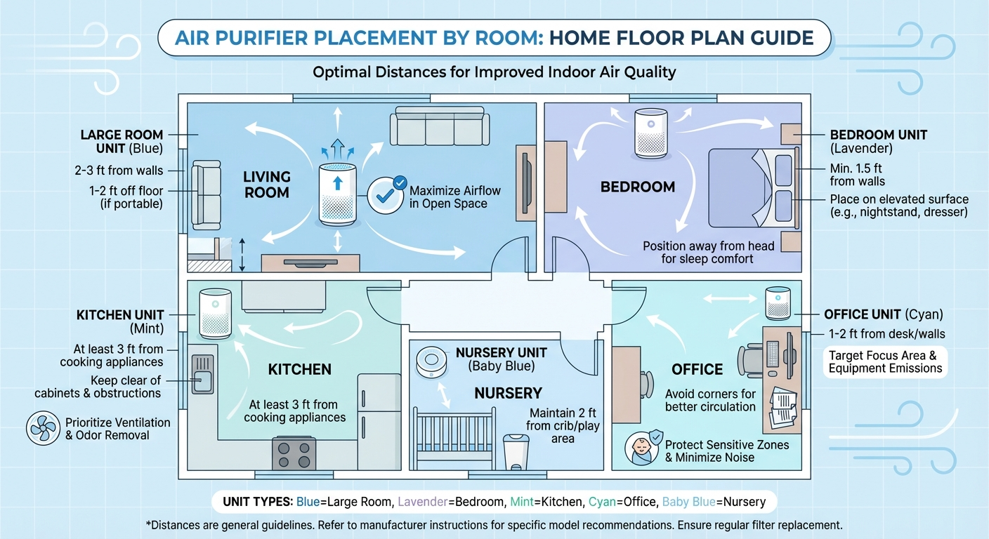 Room-by-room air purifier placement infographic showing optimal position, height and clearance for every room in the home