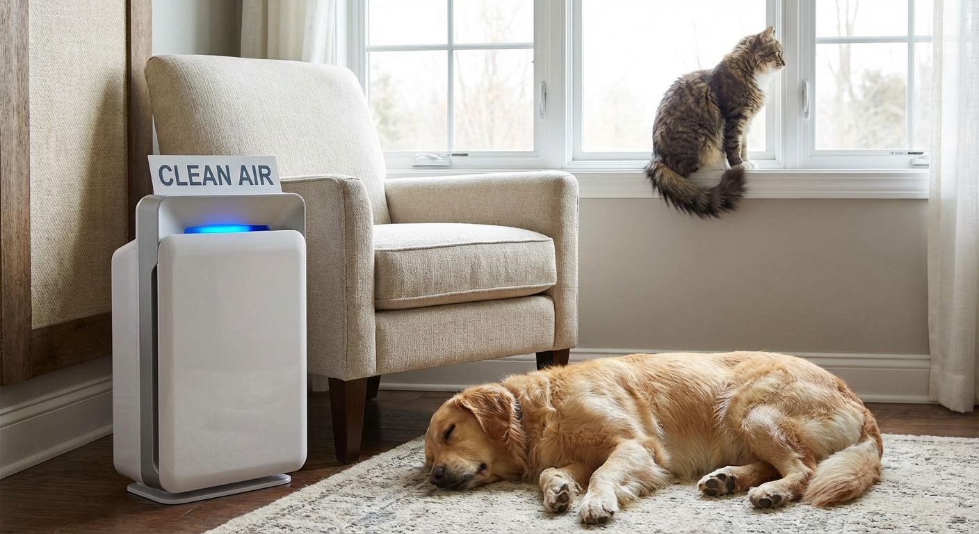 Air purifier running for allergy relief clean home