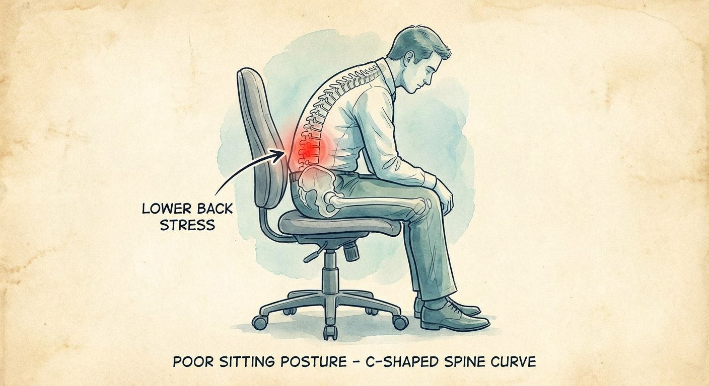Diagram showing poor sitting posture in a standard office chair causing lumbar spine stress