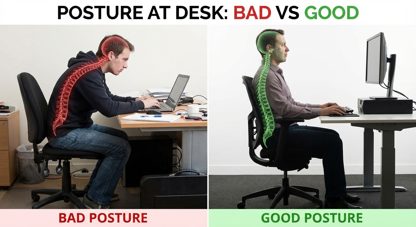 The difference in spinal load between these two positions is 40% — that compounds over an 8-hour day