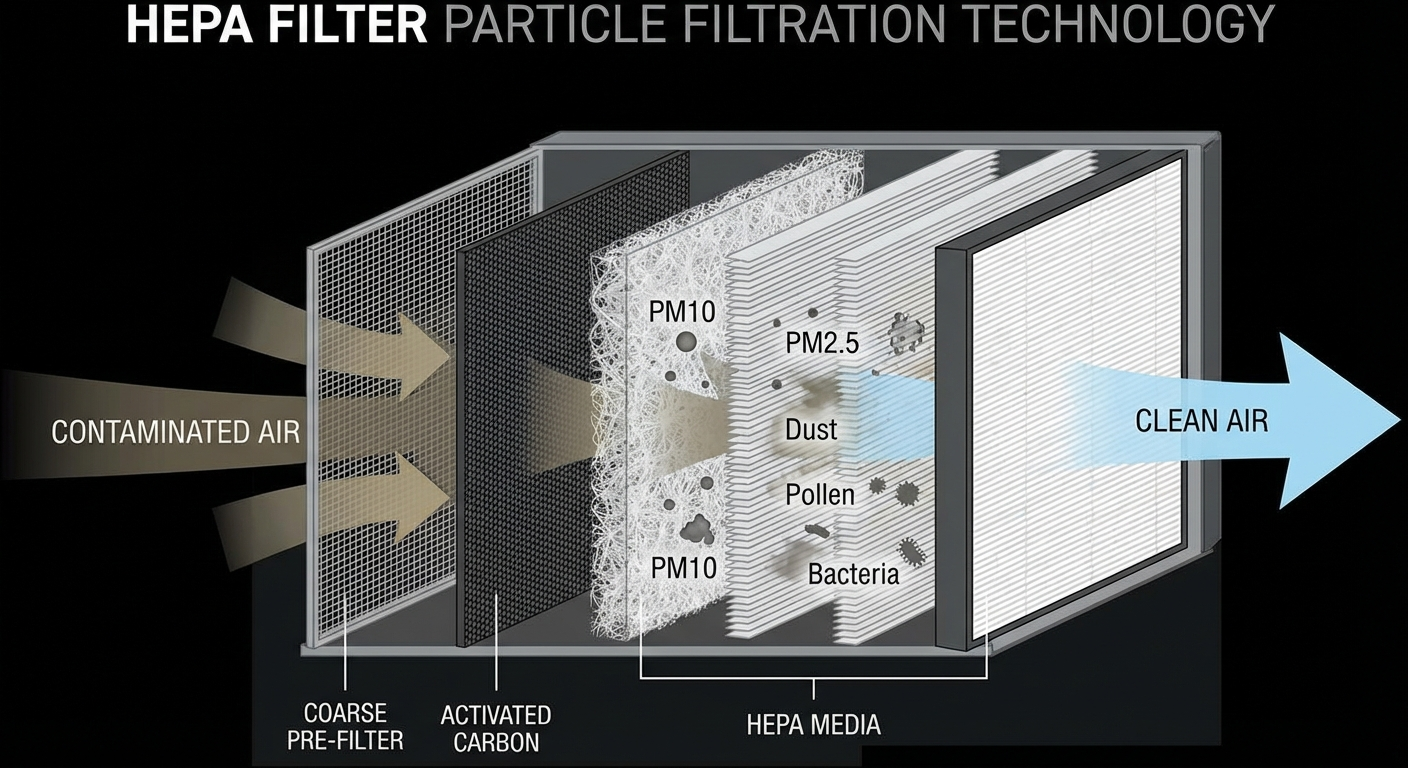 HEPA filter cross section showing particle filtration layers