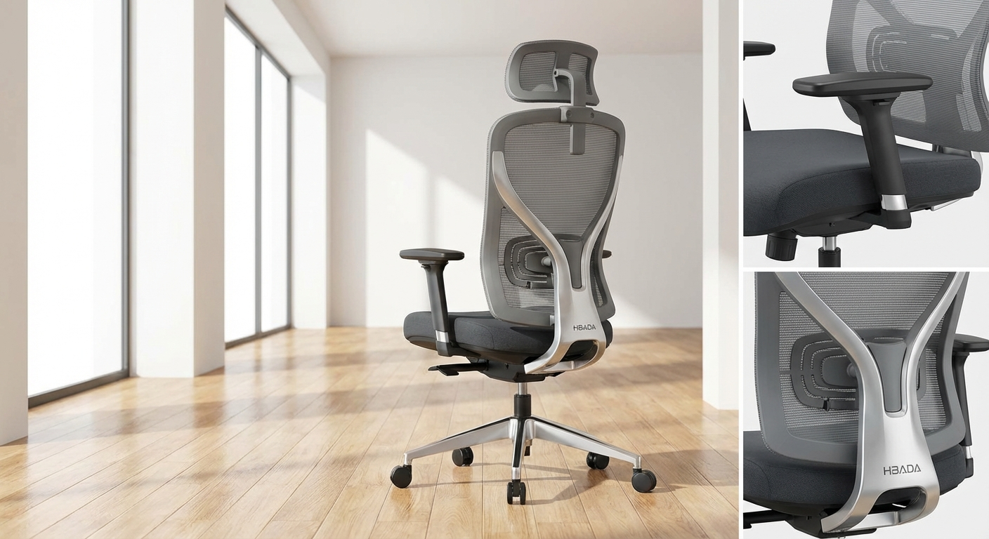 Hbada E3 ergonomic office chair in black mesh shown from a three-quarter angle