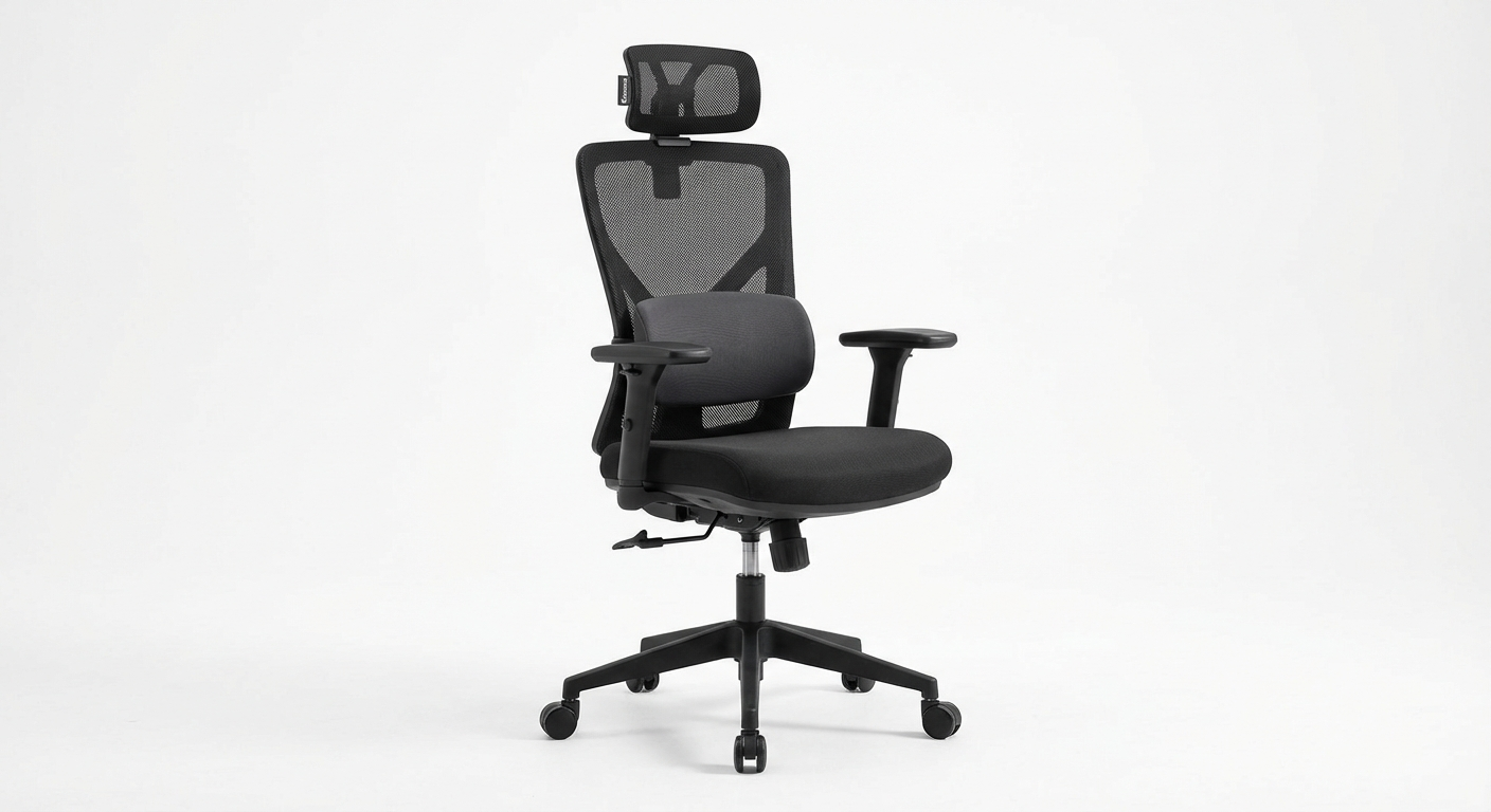 Komene A80 ergonomic chair in dark grey with wide seat and adjustable armrests