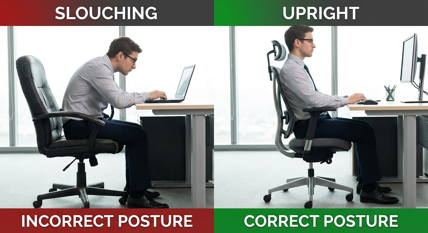 Comparison of poor posture in a cheap task chair versus correct posture in a budget ergonomic chair