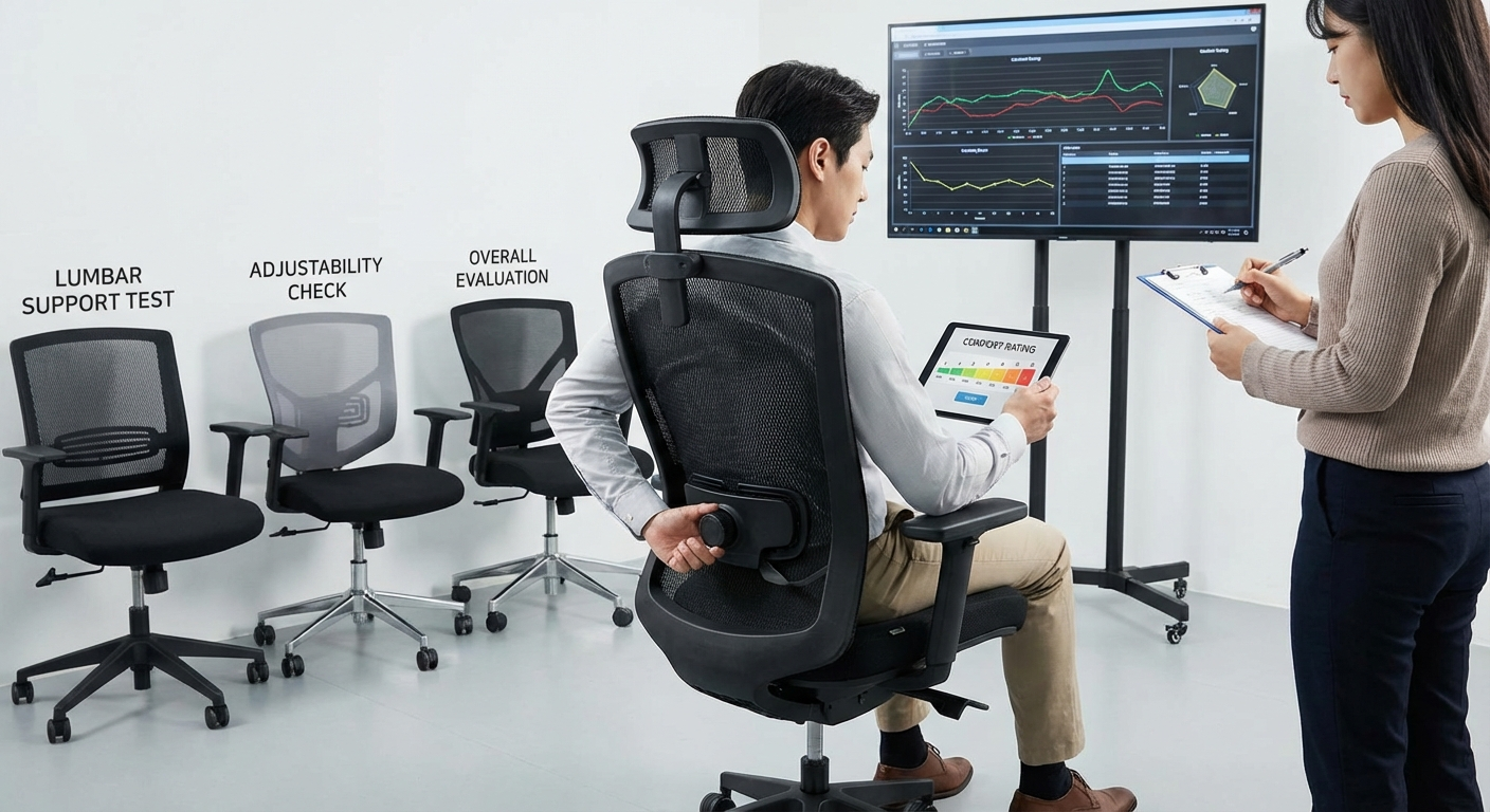 Ryan Torres measuring seat depth and lumbar height on a test chair with a measuring tape