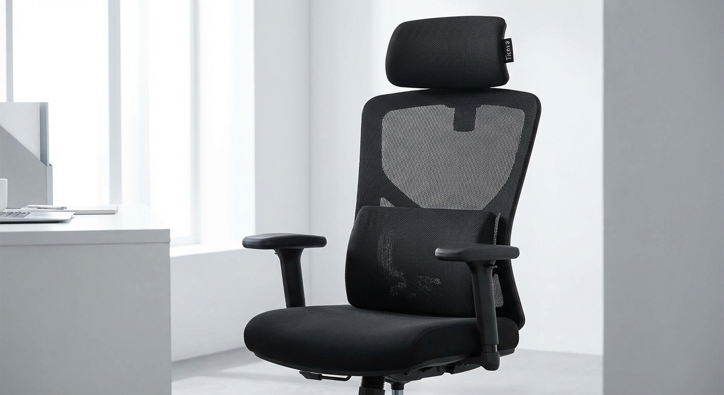 Ticova TR8 office chair with full mesh back and adjustable lumbar shown from the side