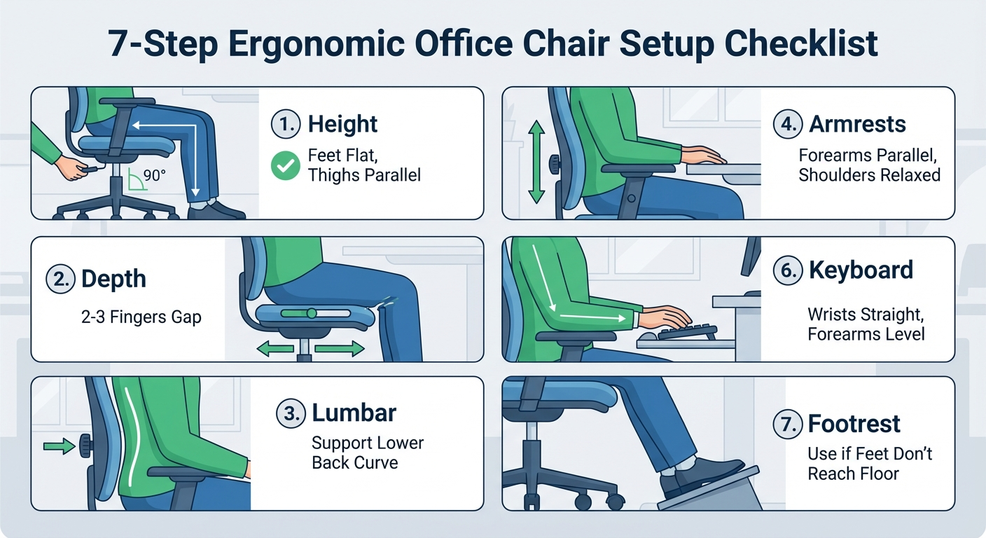 Run through this 7-step checklist once — most people eliminate desk back pain within a week
