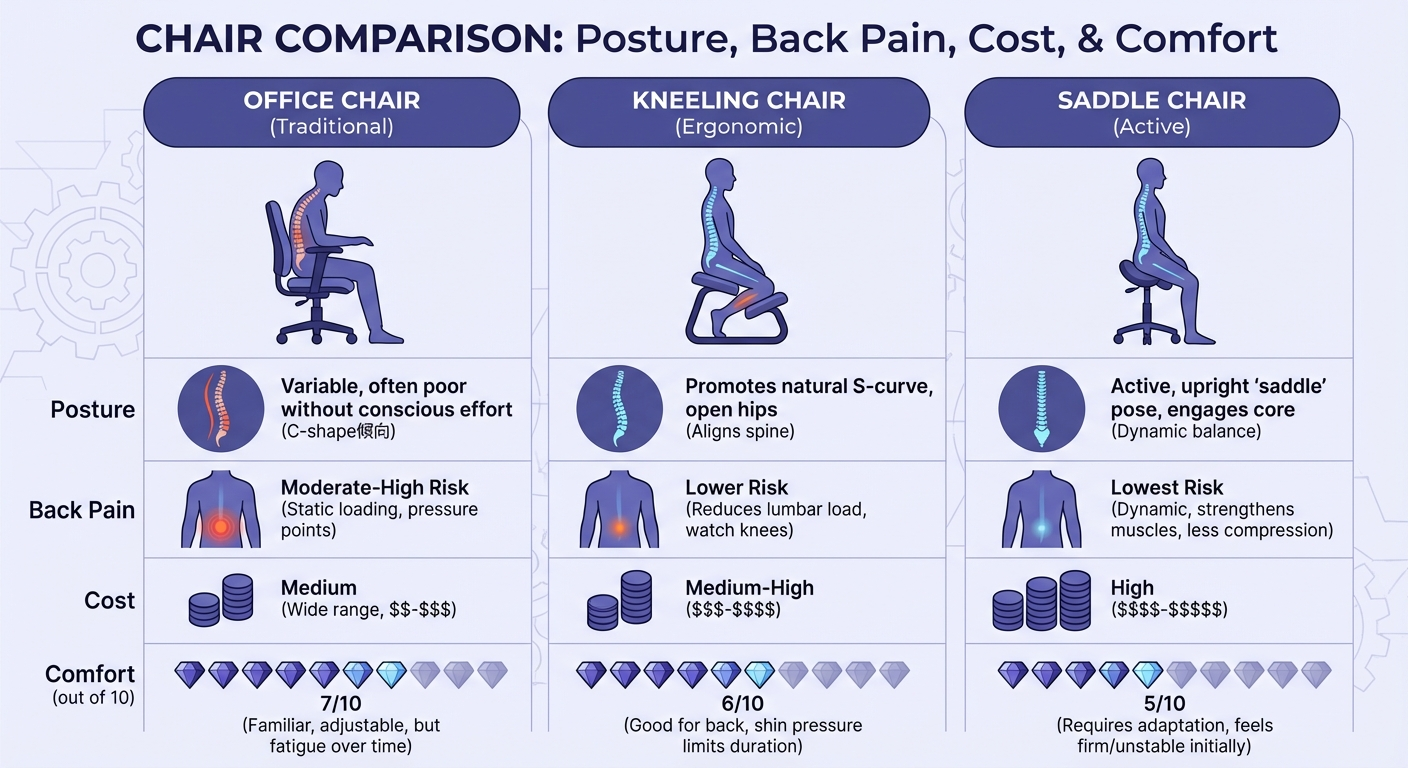 Head-to-head: standard vs kneeling vs saddle chair scored across 6 categories