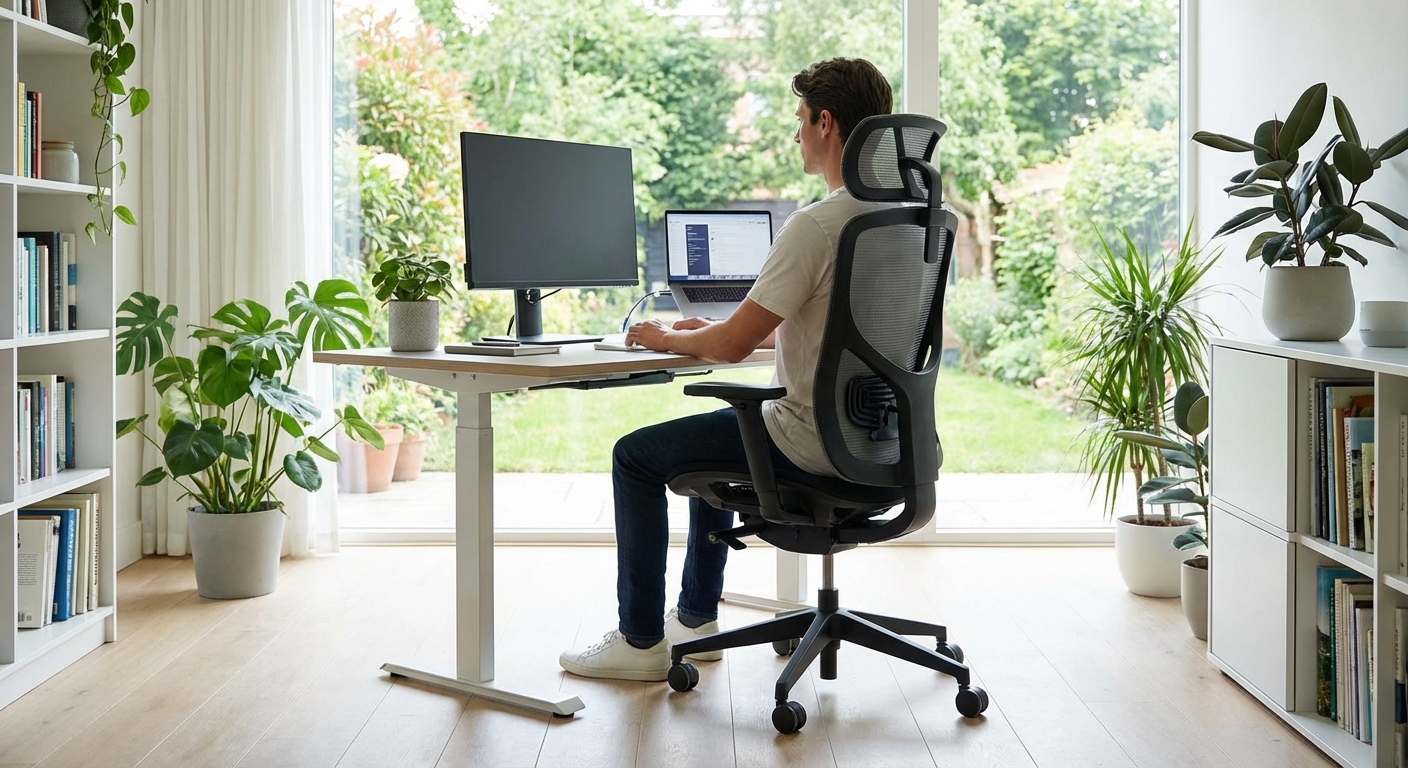 Perfect ergonomic posture: spine neutral, feet flat, screen at eye level, elbows at 90°