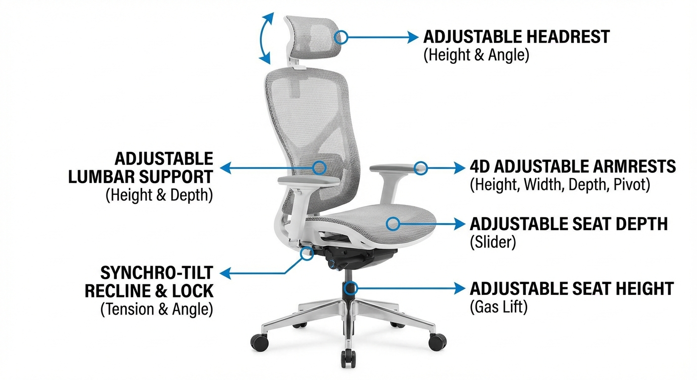 Labelled diagram of ergonomic office chair features including lumbar support, seat depth, armrests, and headrest