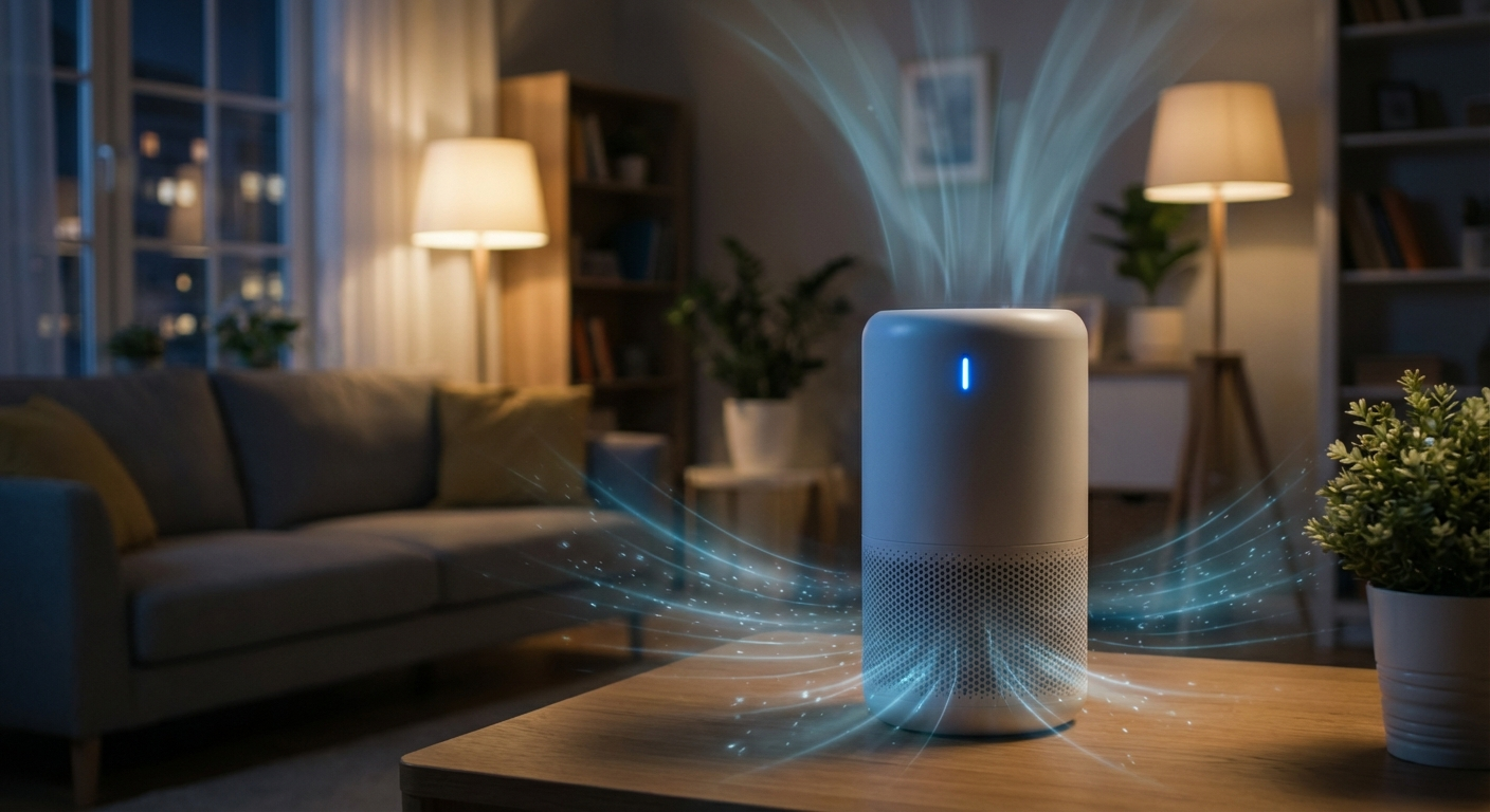 HEPA air purifier filtering wildfire smoke particles in living room at night