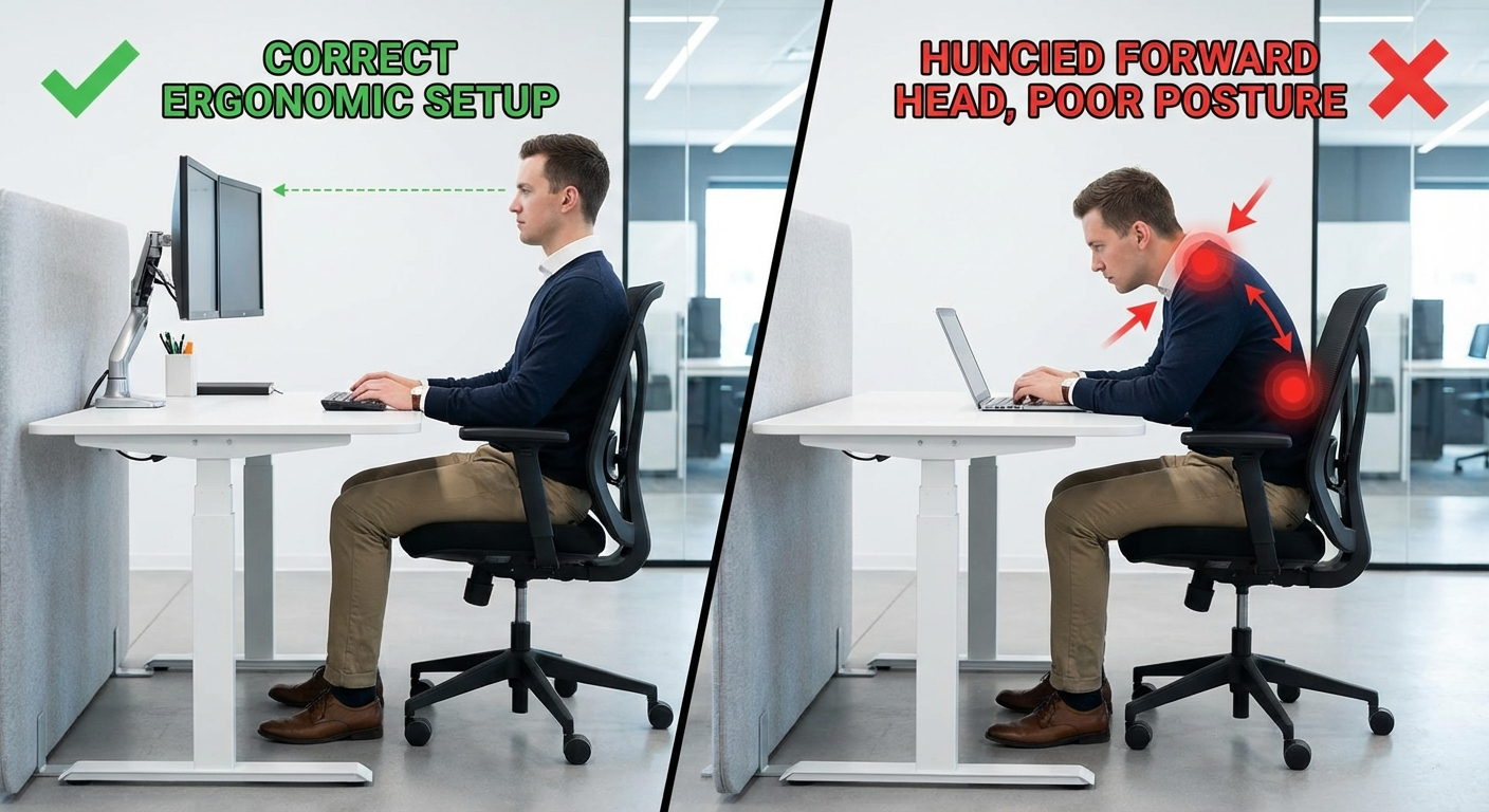Side-by-side comparison of correct ergonomic desk posture versus poor slouching posture with problem indicators