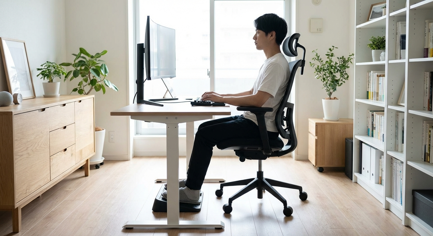 Person demonstrating perfect ergonomic desk posture in a modern home office