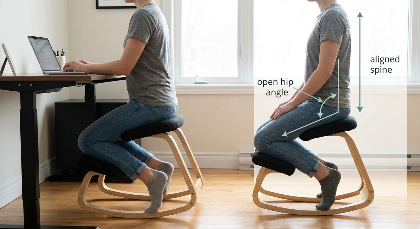 Kneeling chairs open the hip angle to 110°+ — significantly reducing disc pressure compared to standard seating