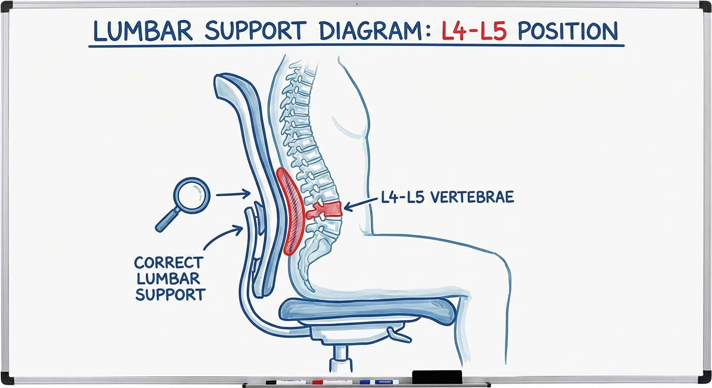 Guide showing correct lumbar support pad position at L4-L5 vertebrae