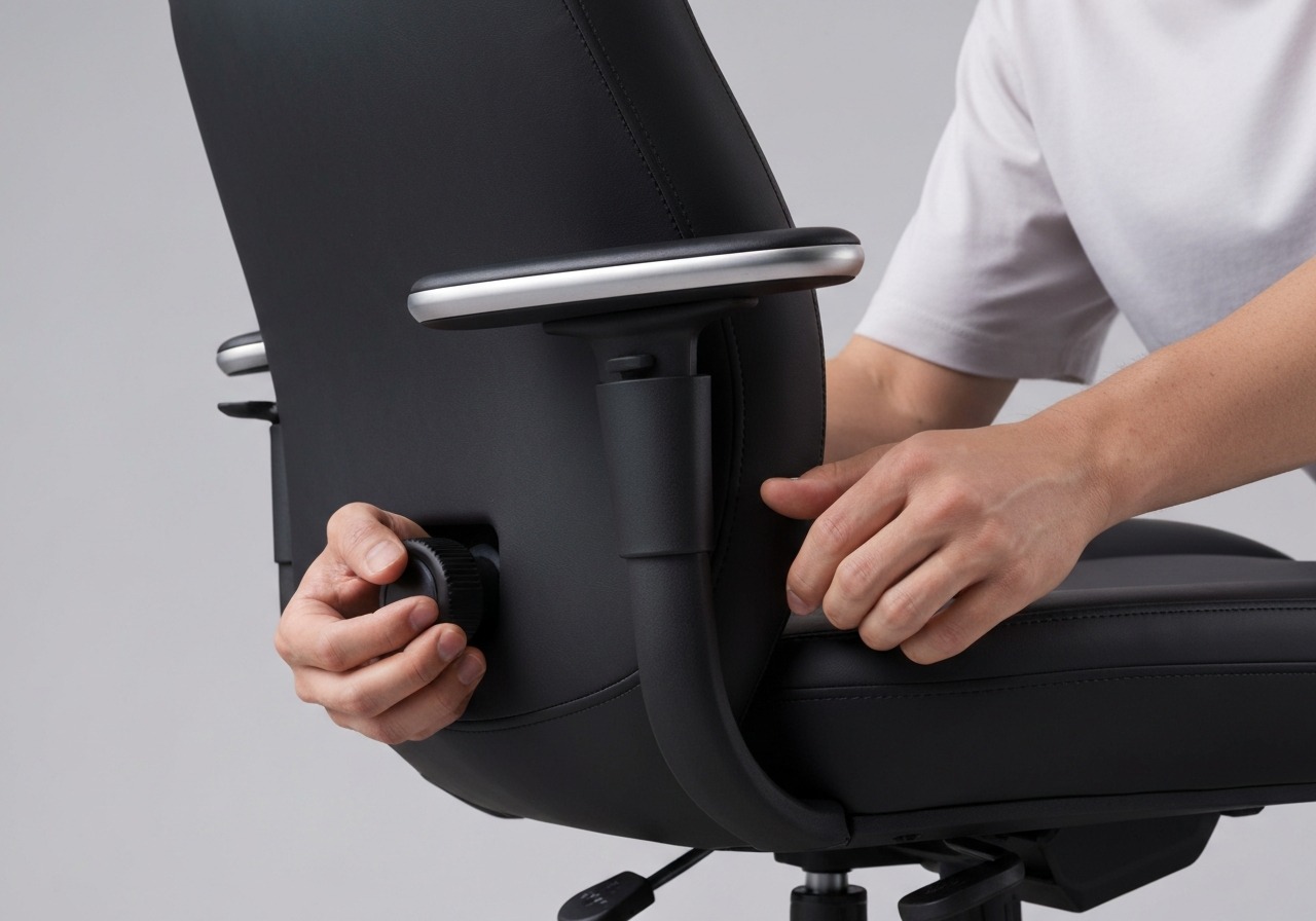 Close-up of hands adjusting the lumbar support depth dial on an ergonomic office chair