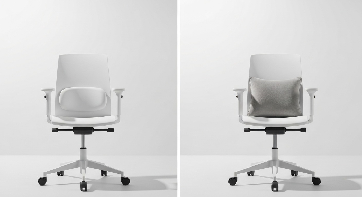 Side-by-side comparison of built-in lumbar support versus an add-on lumbar pillow on office chairs
