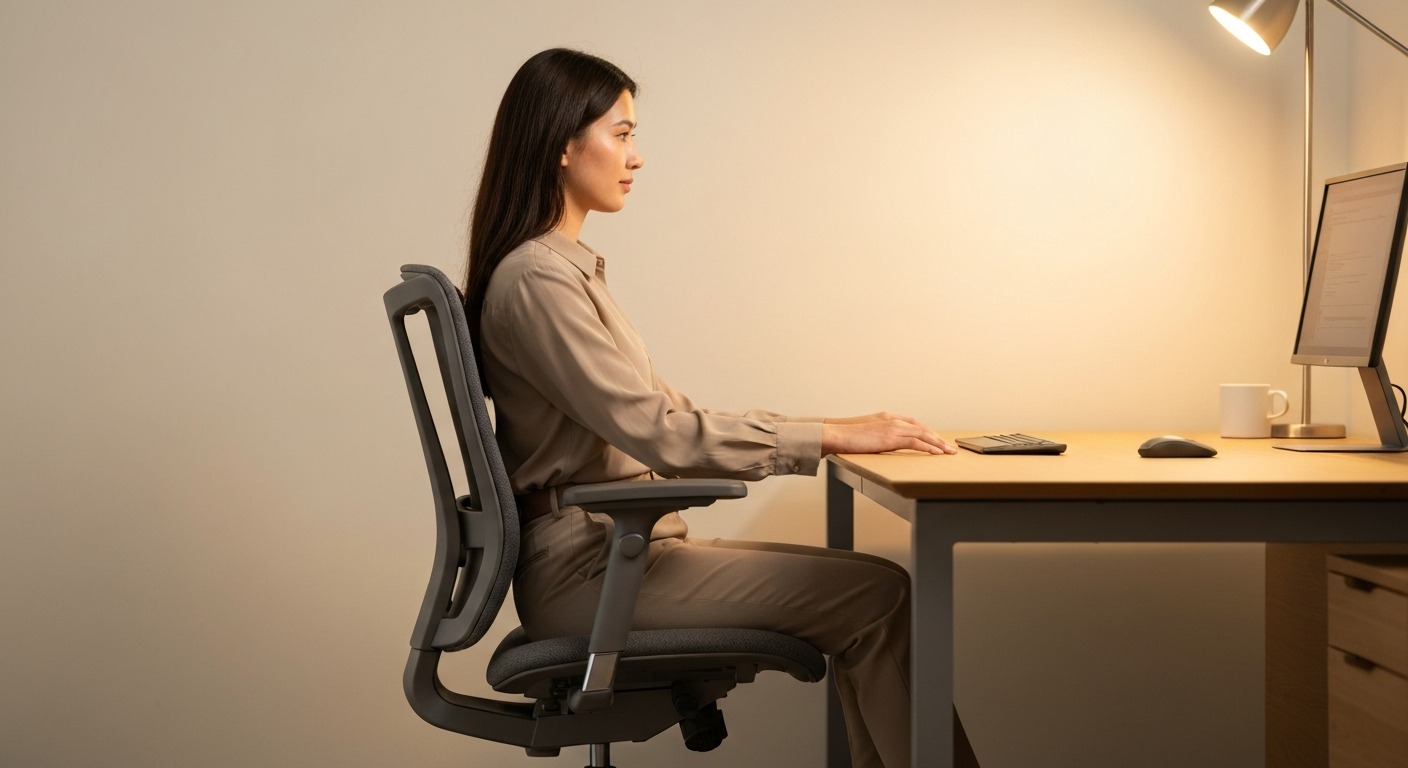 A person seated in an ergonomic office chair demonstrating proper lumbar support alignment at a modern workstation