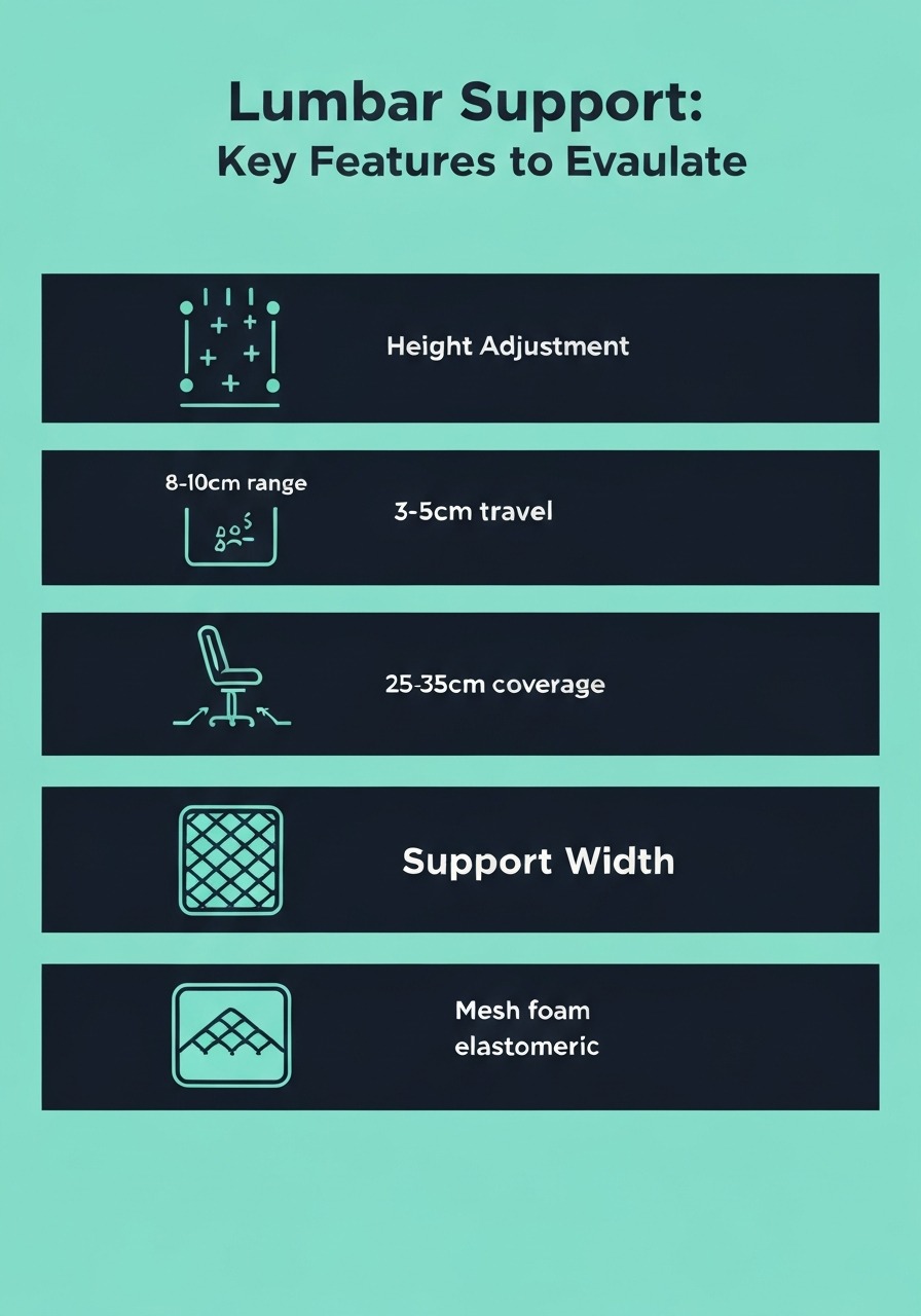 Infographic showing key lumbar support features to evaluate — height adjustment, depth adjustment, width coverage, and material choice