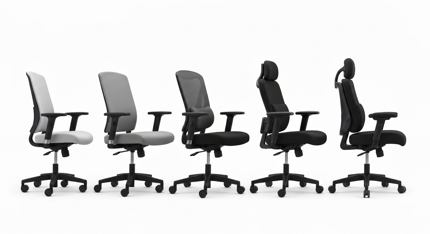 Range of office chairs from budget to premium showing progression of lumbar support quality