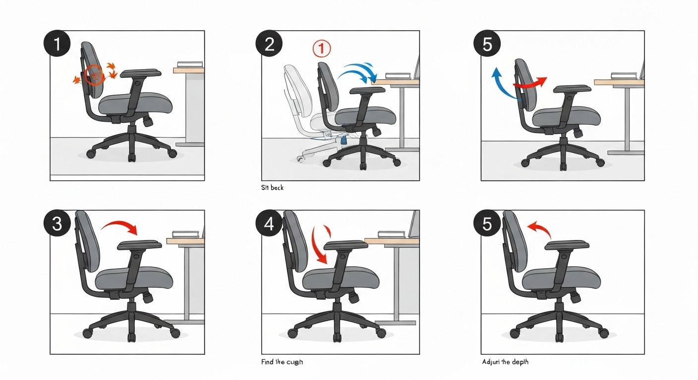 Step-by-step visual guide showing how to properly adjust office chair lumbar support