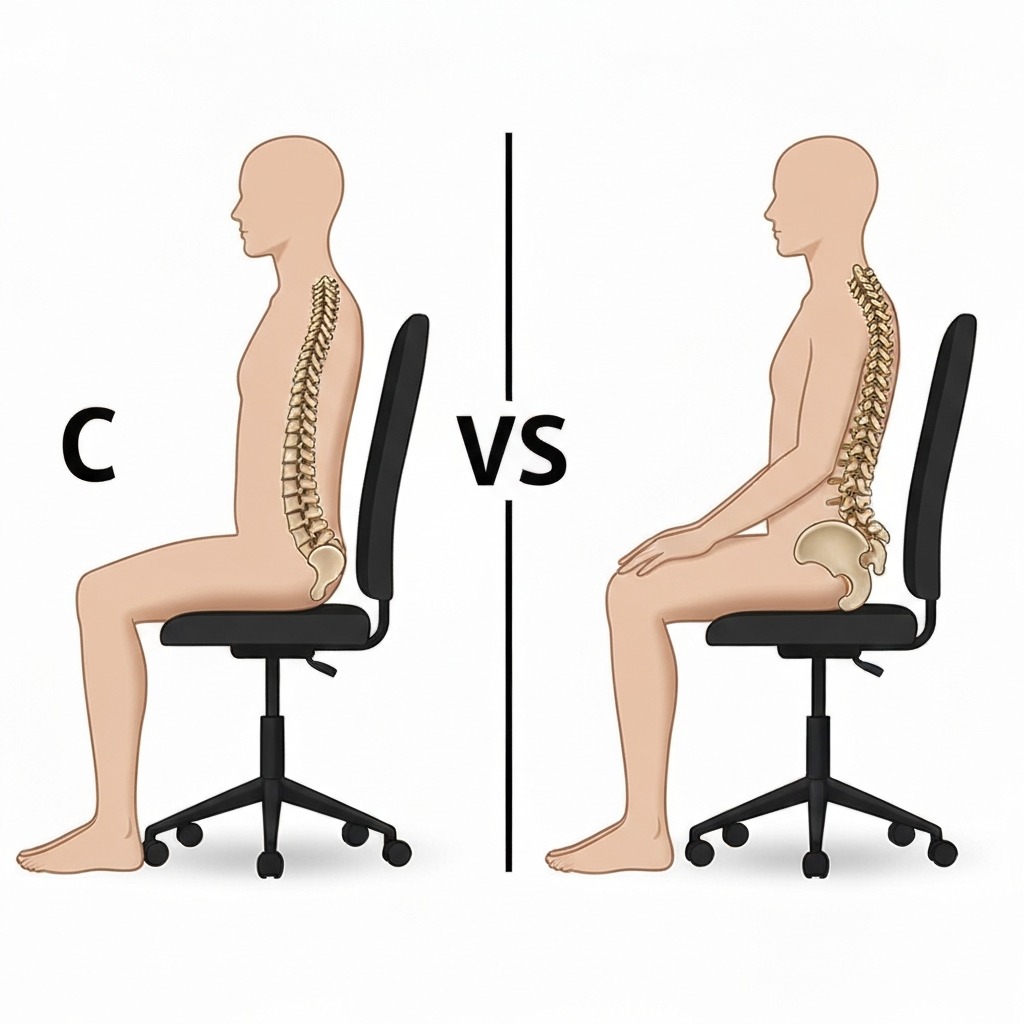 A clear diagram comparing two sitting postures — proper S-curve with lumbar support versus collapsed C-curve without it.