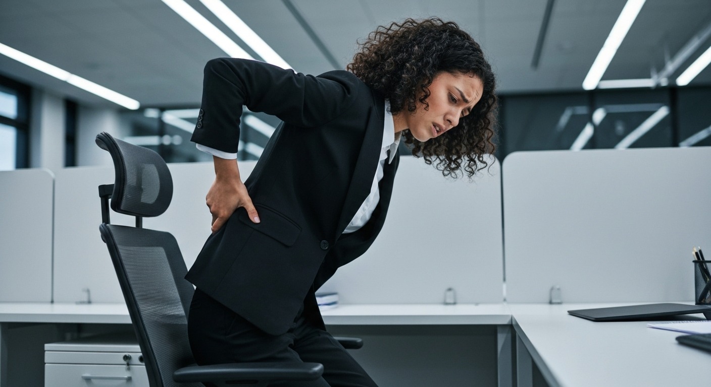 Person showing signs of discomfort from poor lumbar support, leaning forward away from the backrest