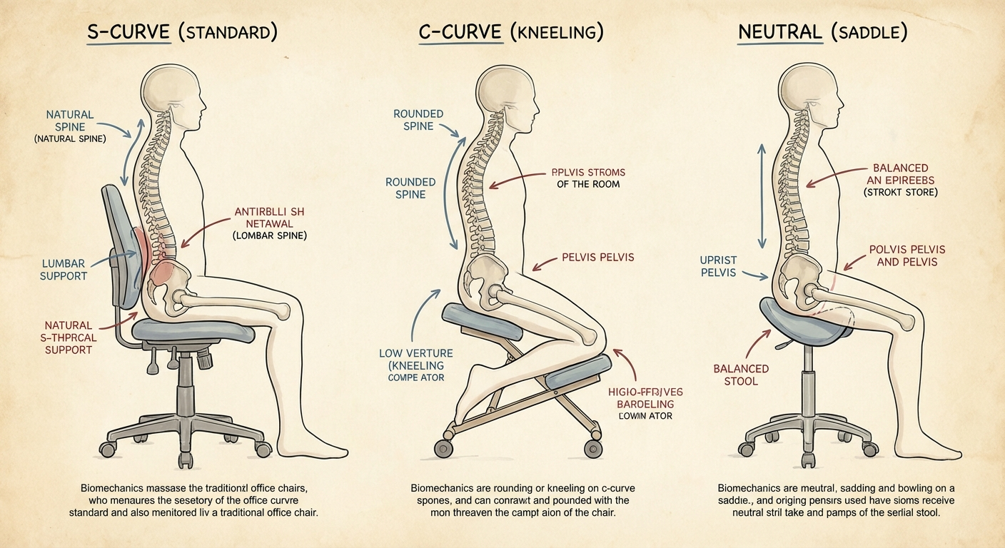 Spinal positioning varies dramatically between chair types — only the saddle achieves true neutral lordosis