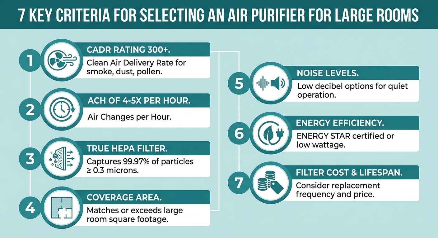 Air purifier selection criteria infographic for large rooms over 500 sq ft