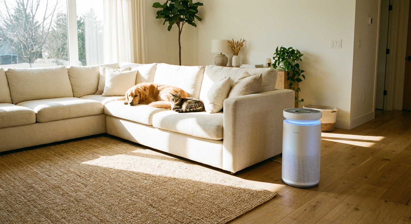 Best air purifier for pet dander hero image showing a living room with cats and a running air purifier