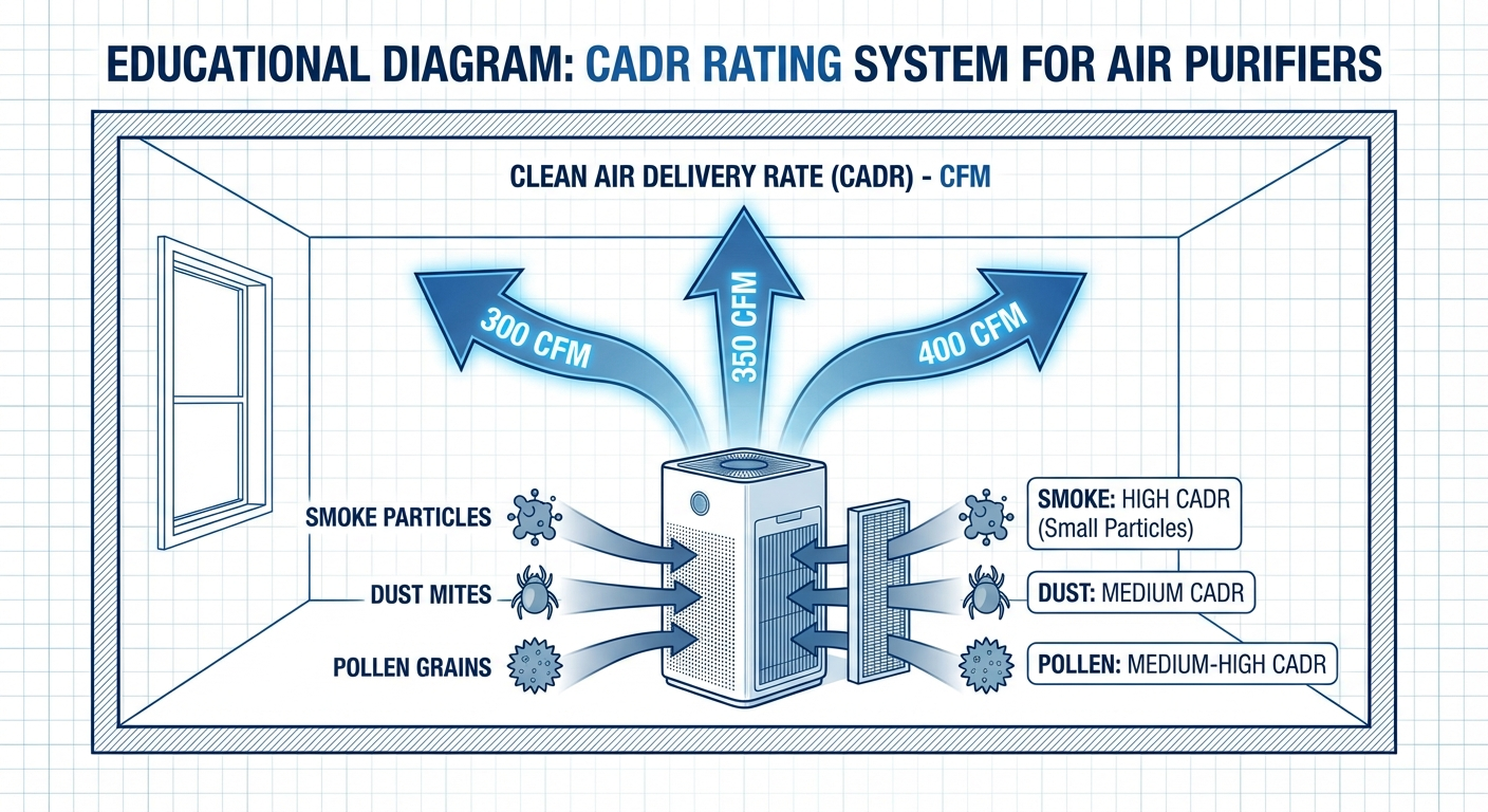 CADR rating concept diagram showing airflow, filtration, and clean air output.